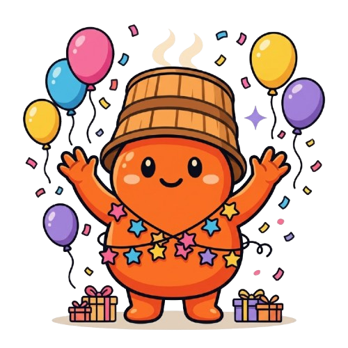 Illustration of the Sauna mascot celebrating with balloons, confetti, and gifts