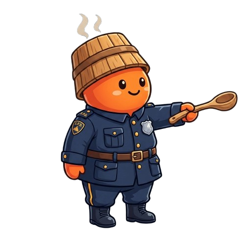 Illustration of the Sauna mascot dressed as a police officer, holding a wooden spoon